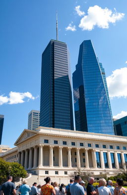 A detailed look at a modern city skyline depicting the contrast between classic government architecture and sleek new buildings