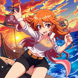 A dynamic and imaginative illustration of Nami from anime, showcasing her adventurous spirit while maintaining her stylish and confident personality