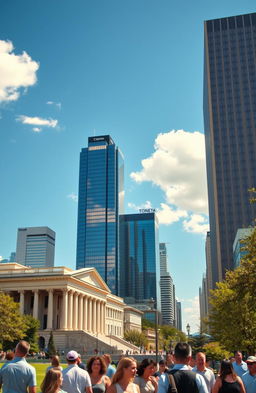 A detailed look at a modern city skyline depicting the contrast between classic government architecture and sleek new buildings