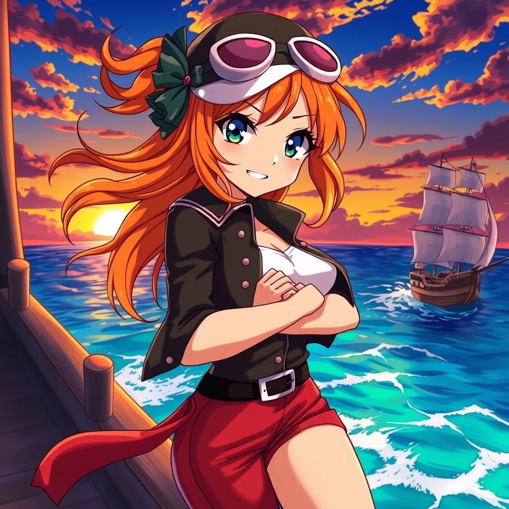 A dynamic and imaginative illustration of Nami from anime, showcasing her adventurous spirit while maintaining her stylish and confident personality