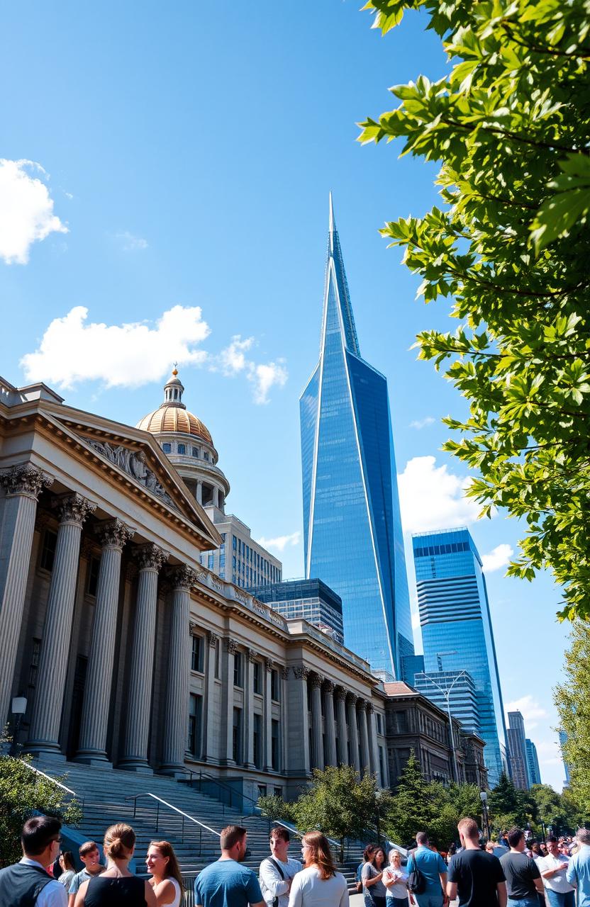 A detailed look at a modern city skyline depicting the contrast between classic government architecture and sleek new buildings