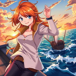 A dynamic and imaginative illustration of Nami from anime, showcasing her adventurous spirit while maintaining her stylish and confident personality