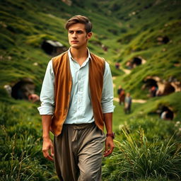 A handsome young man wearing a white shirt and a brown vest, dressed in simple clothes and relaxed sufi pants, walking through a lush green valley filled with grass and small caves around him during a serene afternoon