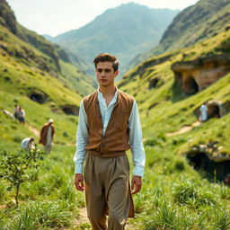 A handsome young man wearing a white shirt and a brown vest, dressed in simple clothes and relaxed sufi pants, walking through a lush green valley filled with grass and small caves around him during a serene afternoon