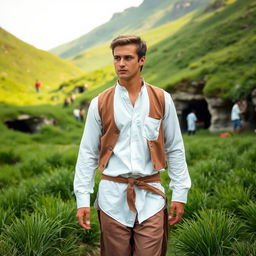 A handsome young man wearing a white shirt and a brown vest, dressed in simple clothes and relaxed sufi pants, walking through a lush green valley filled with grass and small caves around him during a serene afternoon