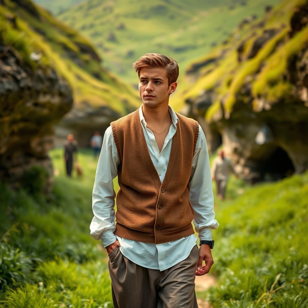 A handsome young man wearing a white shirt and a brown vest, dressed in simple clothes and relaxed sufi pants, walking through a lush green valley filled with grass and small caves around him during a serene afternoon