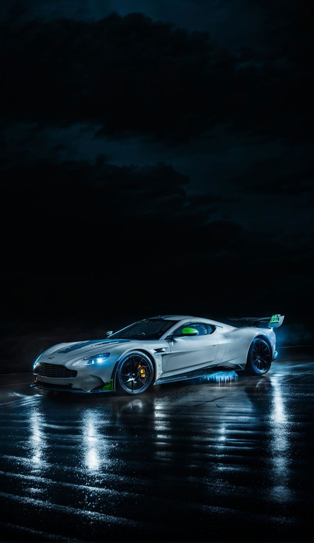 Side view of a moving white Aston Martin Vulcan on a wet racetrack under stormy skies.