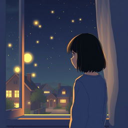 A peaceful night scene featuring a girl with bobbed hair gazing out of her bedroom window