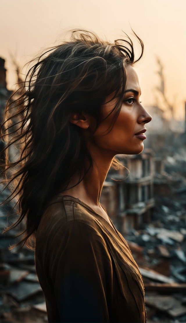 16k resolution photograph of a 30-year-old woman with thick hair in a war-torn landscape, taken in low light with sharp focus on her side profile, featuring shadows and smoke.