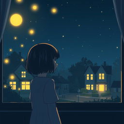 A peaceful night scene featuring a girl with bobbed hair gazing out of her bedroom window