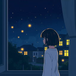 A peaceful night scene featuring a girl with bobbed hair gazing out of her bedroom window