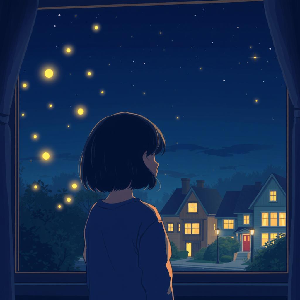 A peaceful night scene featuring a girl with bobbed hair gazing out of her bedroom window