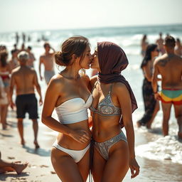 A romantic beach setting featuring two women in skimpy two-piece swimsuits: one of European descent wearing a stylish bandeau top and the other of Arab descent, adorned in a modern high-neck bikini that reflects Islamic vibes