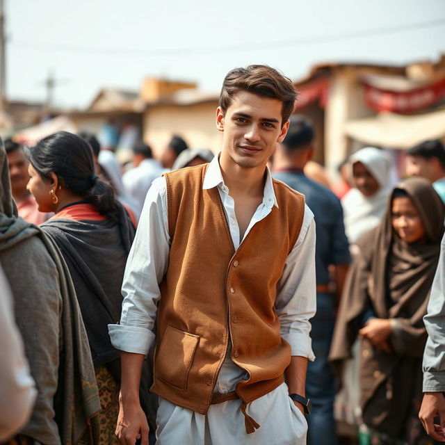 A handsome young man wearing a white shirt and a brown vest, dressed in simple clothes and relaxed sufi pants, surrounded by local people in a vibrant and friendly atmosphere