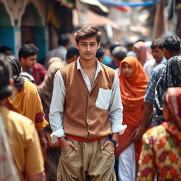 A handsome young man wearing a white shirt and a brown vest, dressed in simple clothes and relaxed sufi pants, surrounded by local people in a vibrant and friendly atmosphere