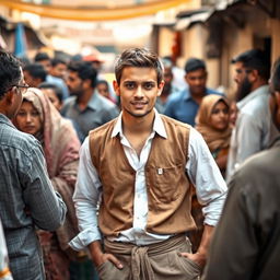 A handsome young man wearing a white shirt and a brown vest, dressed in simple clothes and relaxed sufi pants, surrounded by local people in a vibrant and friendly atmosphere