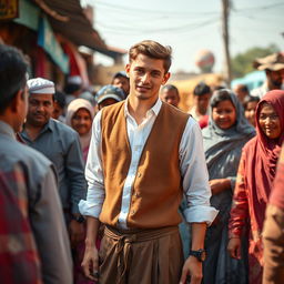 A handsome young man wearing a white shirt and a brown vest, dressed in simple clothes and relaxed sufi pants, surrounded by local people in a vibrant and friendly atmosphere
