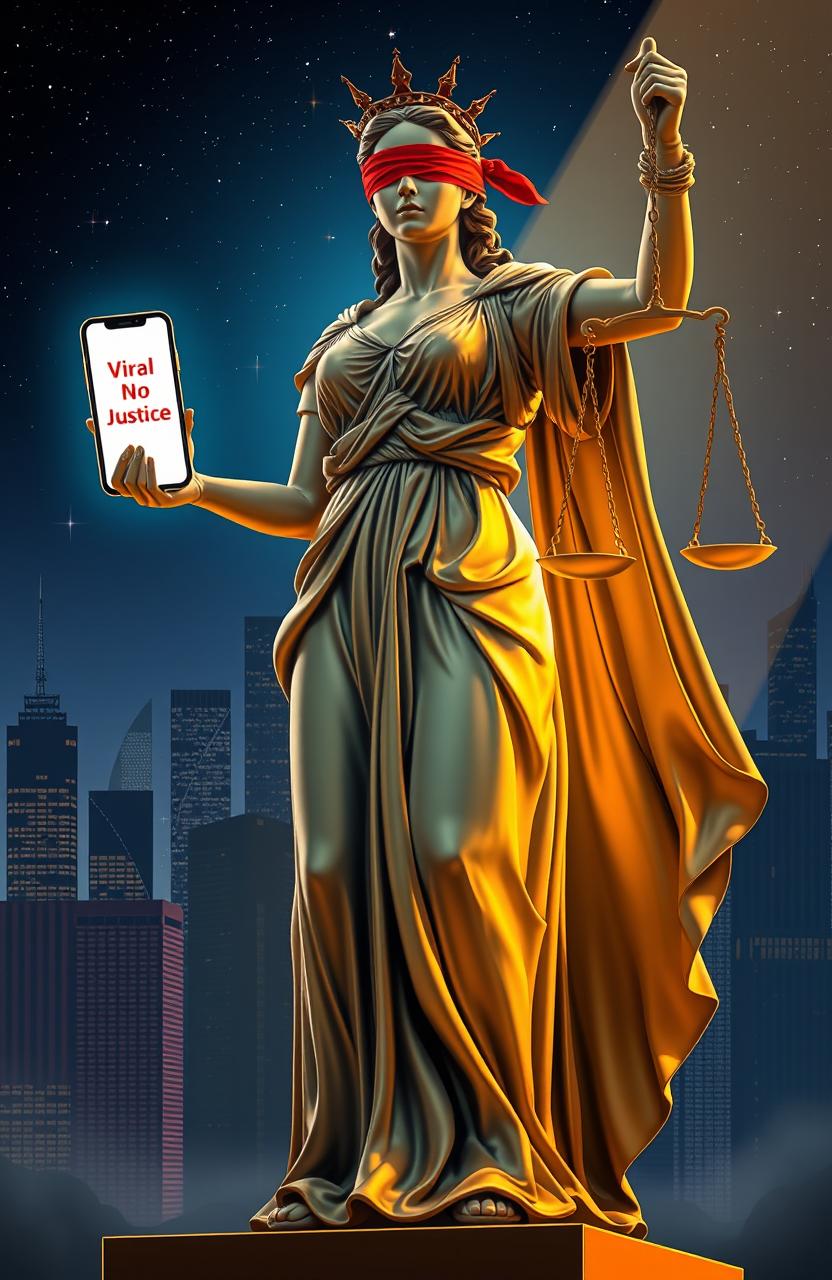 A powerful representation of Lady Justice standing tall, wearing a flowing gown and holding a pair of balanced scales, while holding a smartphone in her other hand displaying the phrase "No Viral No Justice" on its screen