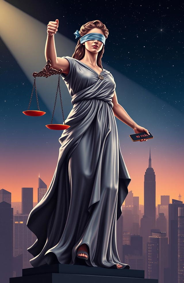 A powerful representation of Lady Justice standing tall, wearing a flowing gown and holding a pair of balanced scales, while holding a smartphone in her other hand displaying the phrase "No Viral No Justice" on its screen