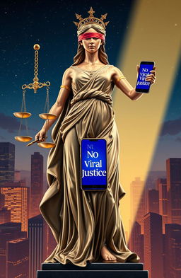 A powerful representation of Lady Justice standing tall, wearing a flowing gown and holding a pair of balanced scales, while holding a smartphone in her other hand displaying the phrase "No Viral No Justice" on its screen