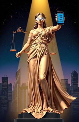 A powerful representation of Lady Justice standing tall, wearing a flowing gown and holding a pair of balanced scales, while holding a smartphone in her other hand displaying the phrase "No Viral No Justice" on its screen