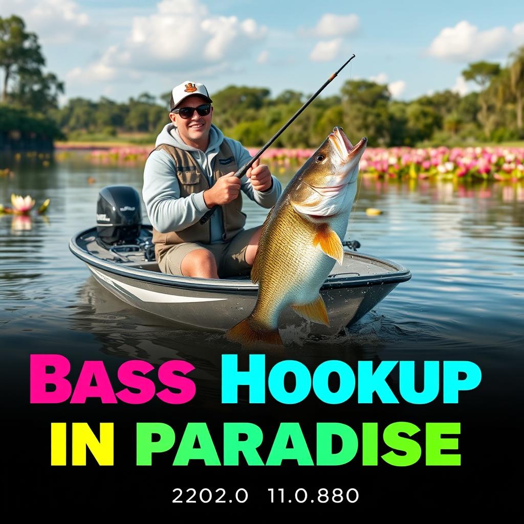 A realistic thumbnail for a video showcases a fisherman in a modern boat on a calm lake, capturing the action of reeling in a large bass that is leaping out of the water