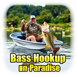 A realistic thumbnail for a video showcases a fisherman in a modern boat on a calm lake, capturing the action of reeling in a large bass that is leaping out of the water