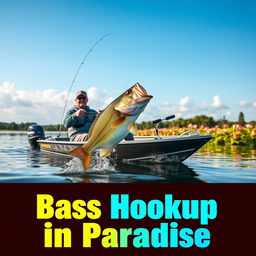 A realistic thumbnail for a video showcases a fisherman in a modern boat on a calm lake, capturing the action of reeling in a large bass that is leaping out of the water