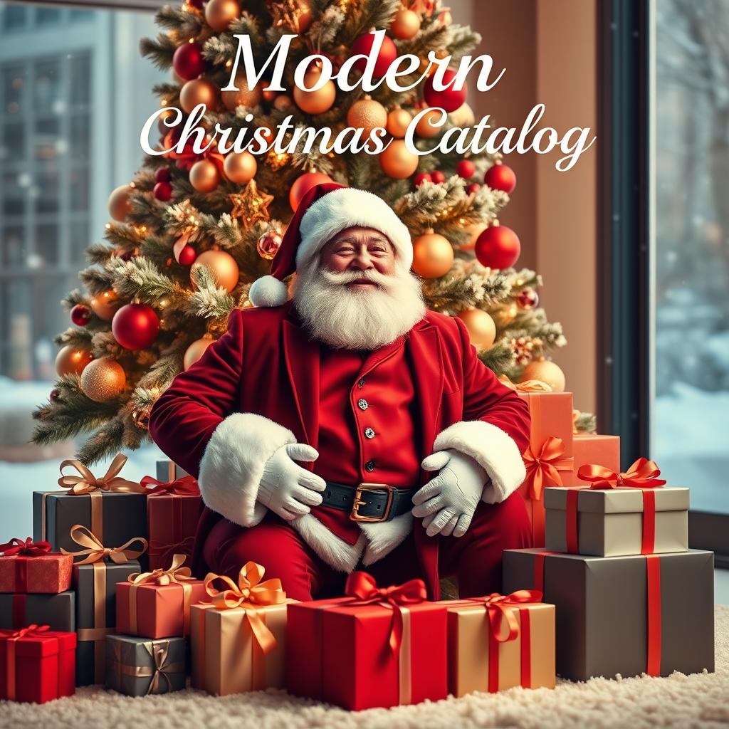 A modern Christmas catalog cover featuring a stylish Santa Claus, dressed in a contemporary suit with trendy accessories