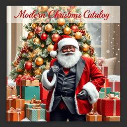 A modern Christmas catalog cover featuring a stylish Santa Claus, dressed in a contemporary suit with trendy accessories