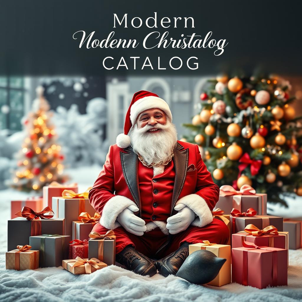 A modern Christmas catalog cover featuring a stylish Santa Claus, dressed in a contemporary suit with trendy accessories