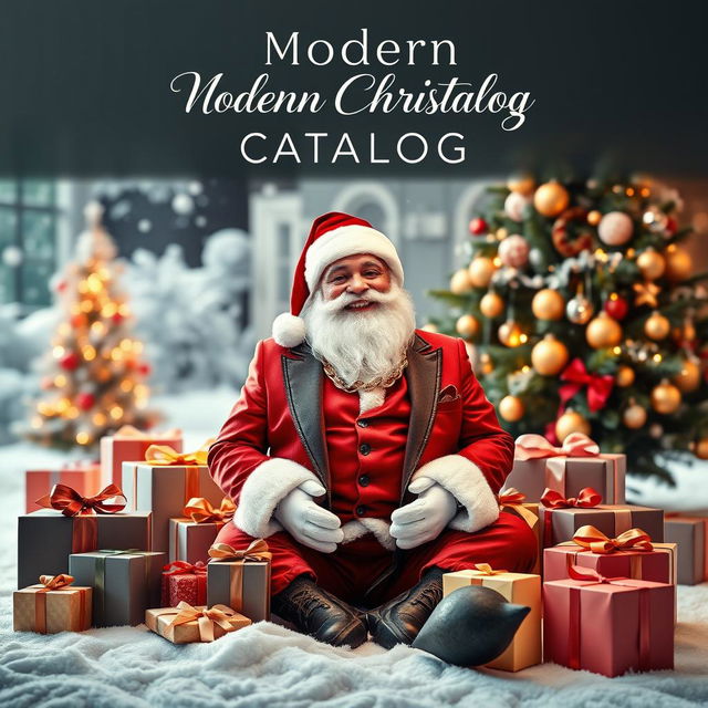 A modern Christmas catalog cover featuring a stylish Santa Claus, dressed in a contemporary suit with trendy accessories