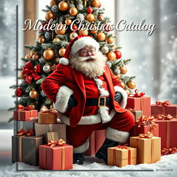 A modern Christmas catalog cover featuring a stylish Santa Claus, dressed in a contemporary suit with trendy accessories