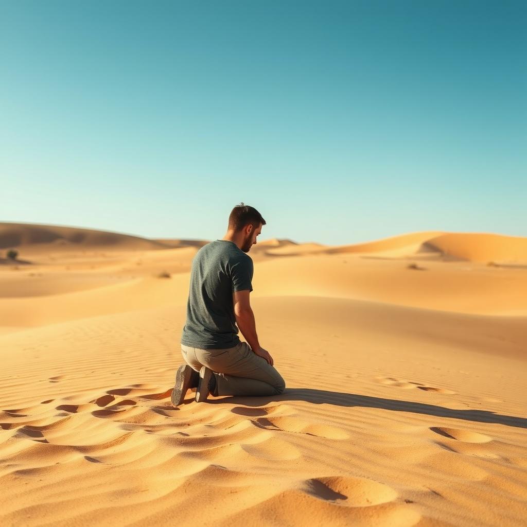 A solitary man kneeling in the desert, surrounded by vast stretches of golden sand under a clear blue sky