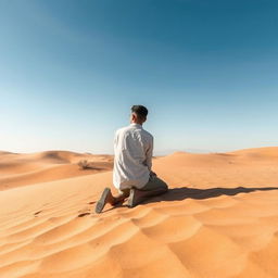 A solitary man kneeling in the desert, surrounded by vast stretches of golden sand under a clear blue sky