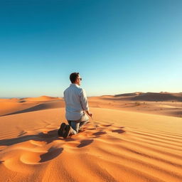 A solitary man kneeling in the desert, surrounded by vast stretches of golden sand under a clear blue sky