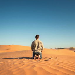 A solitary man kneeling in the desert, surrounded by vast stretches of golden sand under a clear blue sky