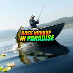 A realistic thumbnail for a video showcases a fisherman on a calm lake, actively catching a large bass from a sleek, modern boat