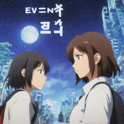 An anime-style 2D image of a girl from one dimension and a boy from another, facing each other against an anime-style background. Include the title 'Even You' on the image