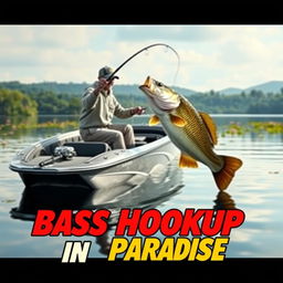 A realistic thumbnail for a video showcases a fisherman on a calm lake, actively catching a large bass from a sleek, modern boat