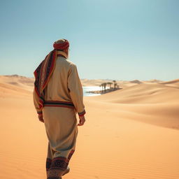 A man dressed in traditional local clothing, walking through the expansive desert toward a distant oasis