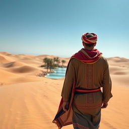 A man dressed in traditional local clothing, walking through the expansive desert toward a distant oasis