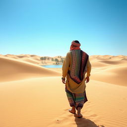 A man dressed in traditional local clothing, walking through the expansive desert toward a distant oasis