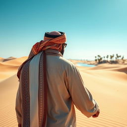 A man dressed in traditional local clothing, walking through the expansive desert toward a distant oasis