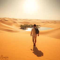 A man confidently walking through a vast desert toward a distant oasis