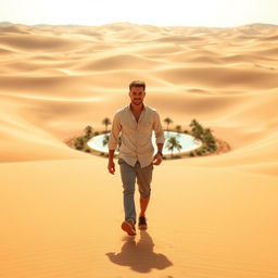 A man confidently walking through a vast desert toward a distant oasis