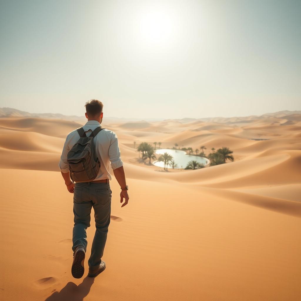 A man confidently walking through a vast desert toward a distant oasis