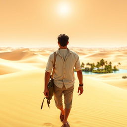 A man confidently walking through a vast desert toward a distant oasis