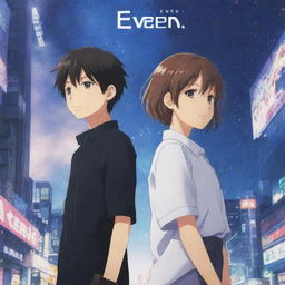 An anime-style 2D image of a girl from one dimension and a boy from another, facing each other against an anime-style background. Include the title 'Even You' on the image