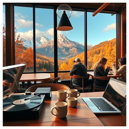 A cozy autumn coffee shop interior with large windows showcasing a breathtaking view of majestic mountains covered in autumn foliage